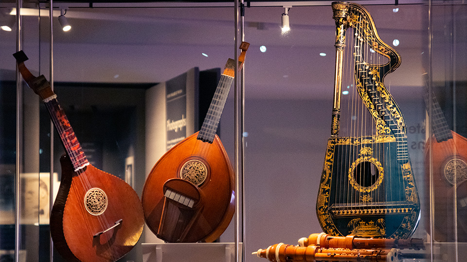Guitars and a harp on display as part of the Museum's Hidden Treasures exhibition
